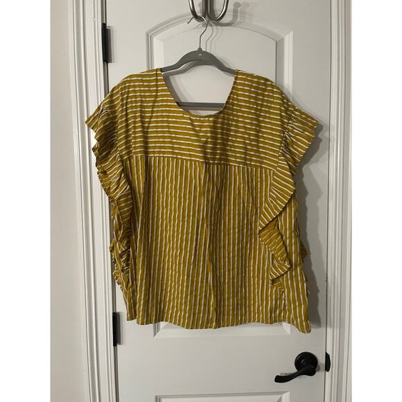 ELOQUII-Plus Size Mustard Yellow Striped Bow Back Ruffle Blouse - Picture 2 of 7